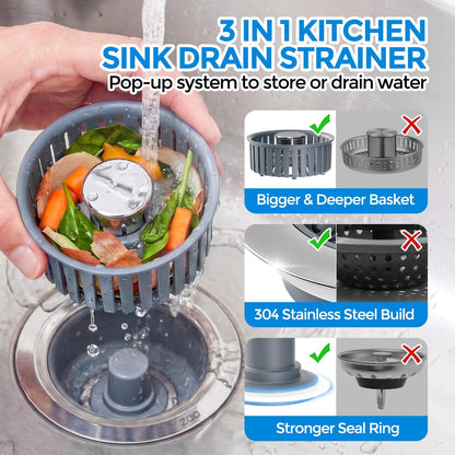 Skiennix Sink Drain Strainer - 3-in-1 Anti-Clogging Kitchen Stopper | Fits US Standard 3-1/2'' Sink Hole, Silver