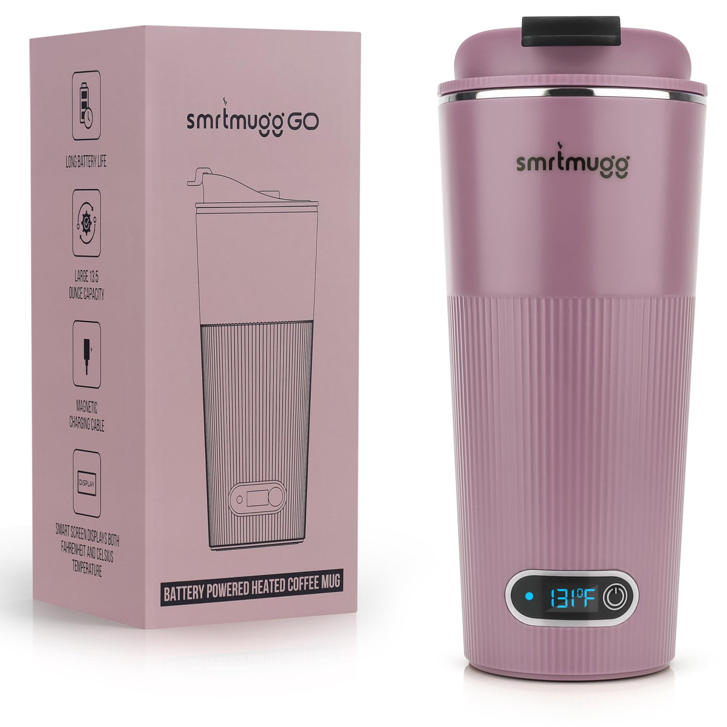 SMRTMUGG GO Heated Coffee Mug, Travel Mug, 13.5 OZ. Smart Mug, Battery Powered Heated Coffee Mug, Great for Coffee and Tea, Snap on Magnetic Charging Cord, New and Improved (Lilac)