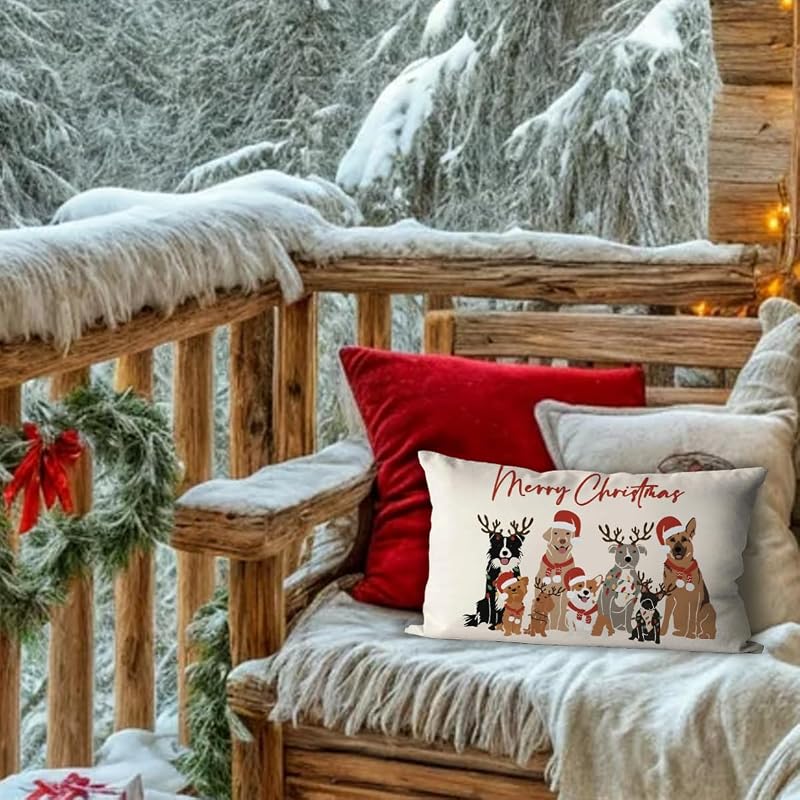 Merry Christmas Dog Throw Pillow Cover 12x20 – Variation: Dogs | Home Decor