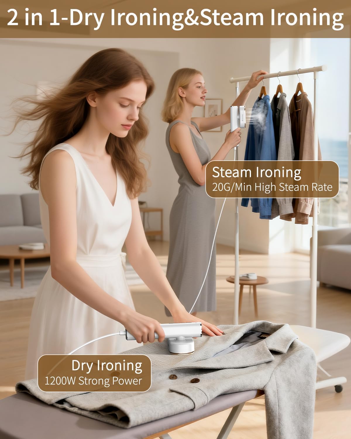 Skiennix Handheld Clothes Steamer - 2-in-1 Fast Wrinkle Removal, 1200W, Portable Design | White, 110-120V