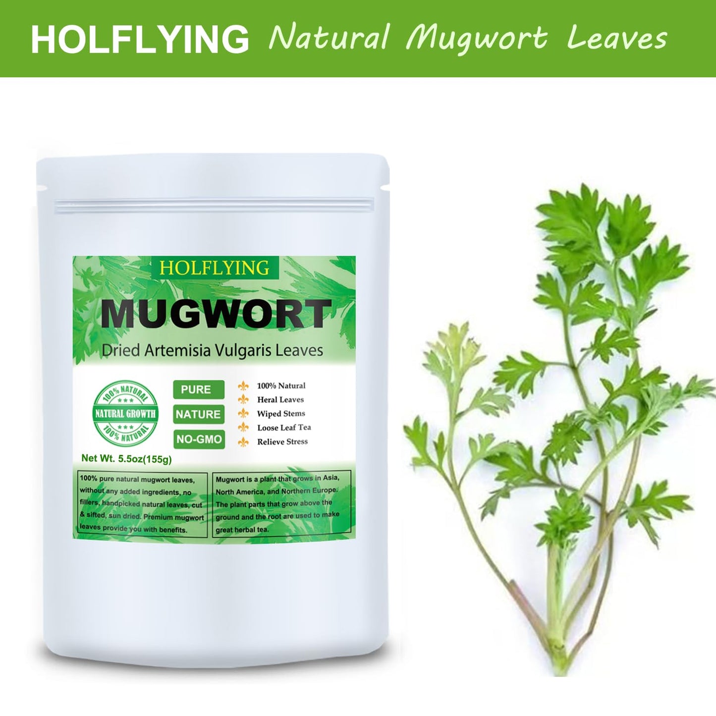 Dried Mugwort Leaves, 5.5oz(155.0g), Mugwort Leaf, Natural Artemisia Vulgaris Herbal Loose Leaves