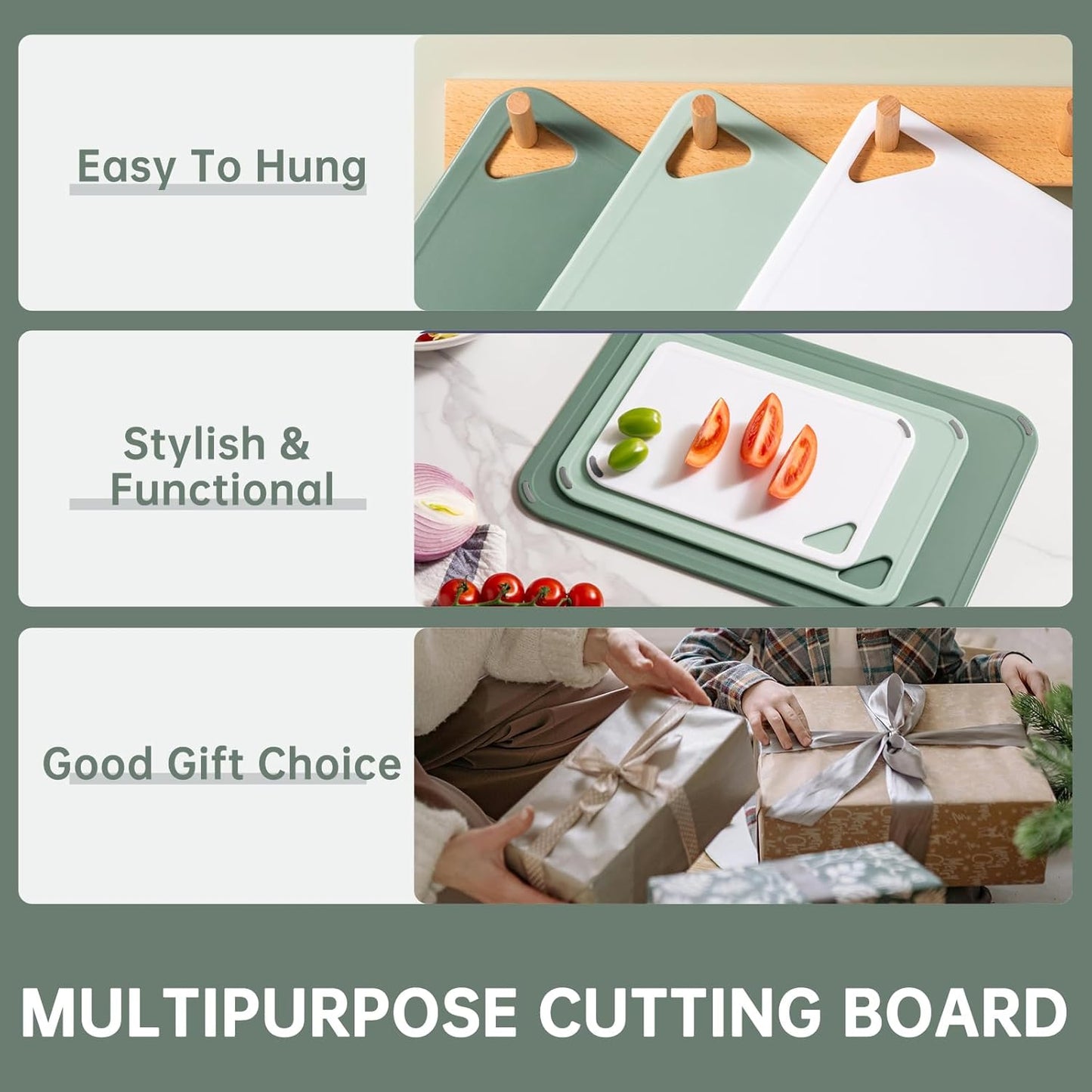 THETCHRY Plastic Cutting Board Set - BPA-Free Non-Slip Chopping Boards for Kitchen | 15"×10"×0.25" Green