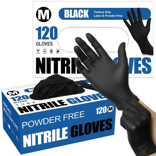 Fixwal Gloves for Cooking Food Prep, Black Disposable Nitrile Gloves, 4 Mil, 120 Count, Cleaning Service Gloves, Latex Free, Powder Free