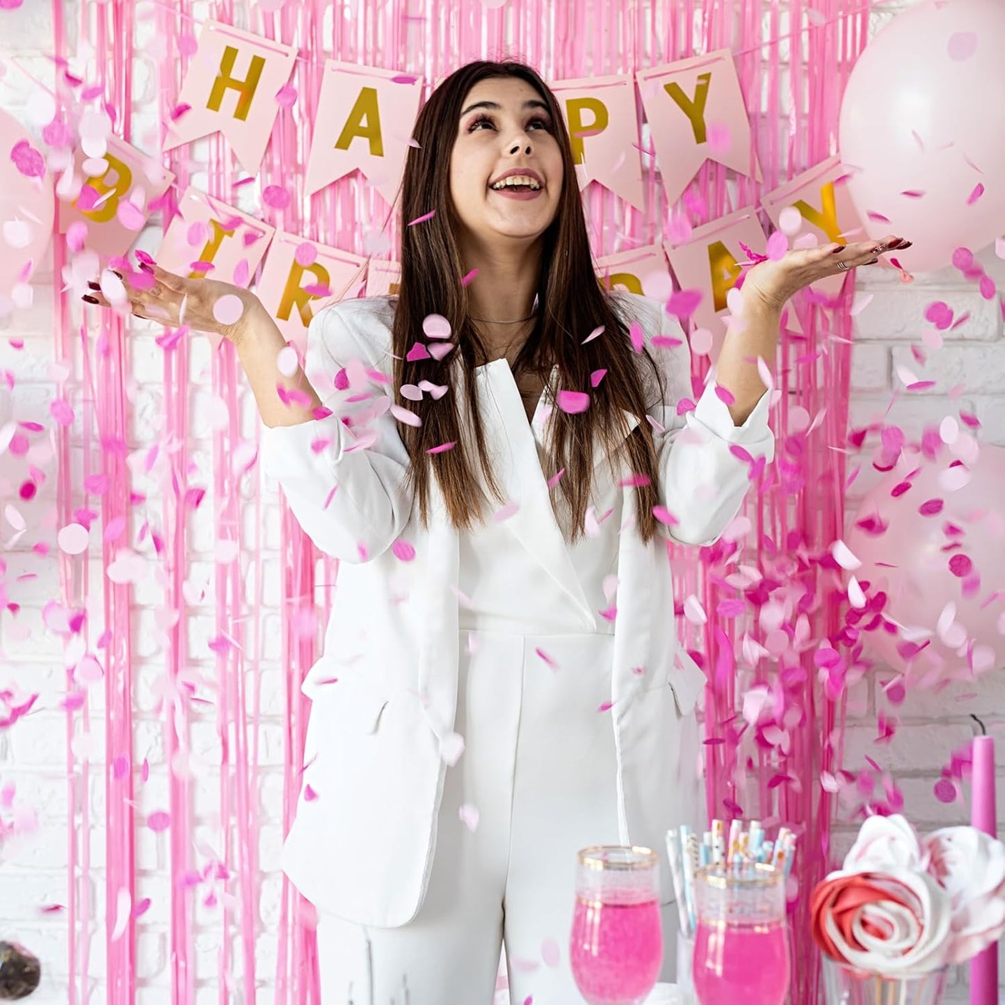 Skiennix Pastel Pink Birthday Party Backdrop - Foil Fringe Curtain 3.3x8.2ft | 2 Pack Streamers for Baby Showers & Bachelorette Parties