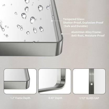 LOAAO 55X36 Inch Brushed Nickel Bathroom Mirror, Rounded Rectangle Silver Metal Frame Mirror, Brushed Nickel, Anti-Rust, Shatter Proof, Hangs Horizontally or Vertically