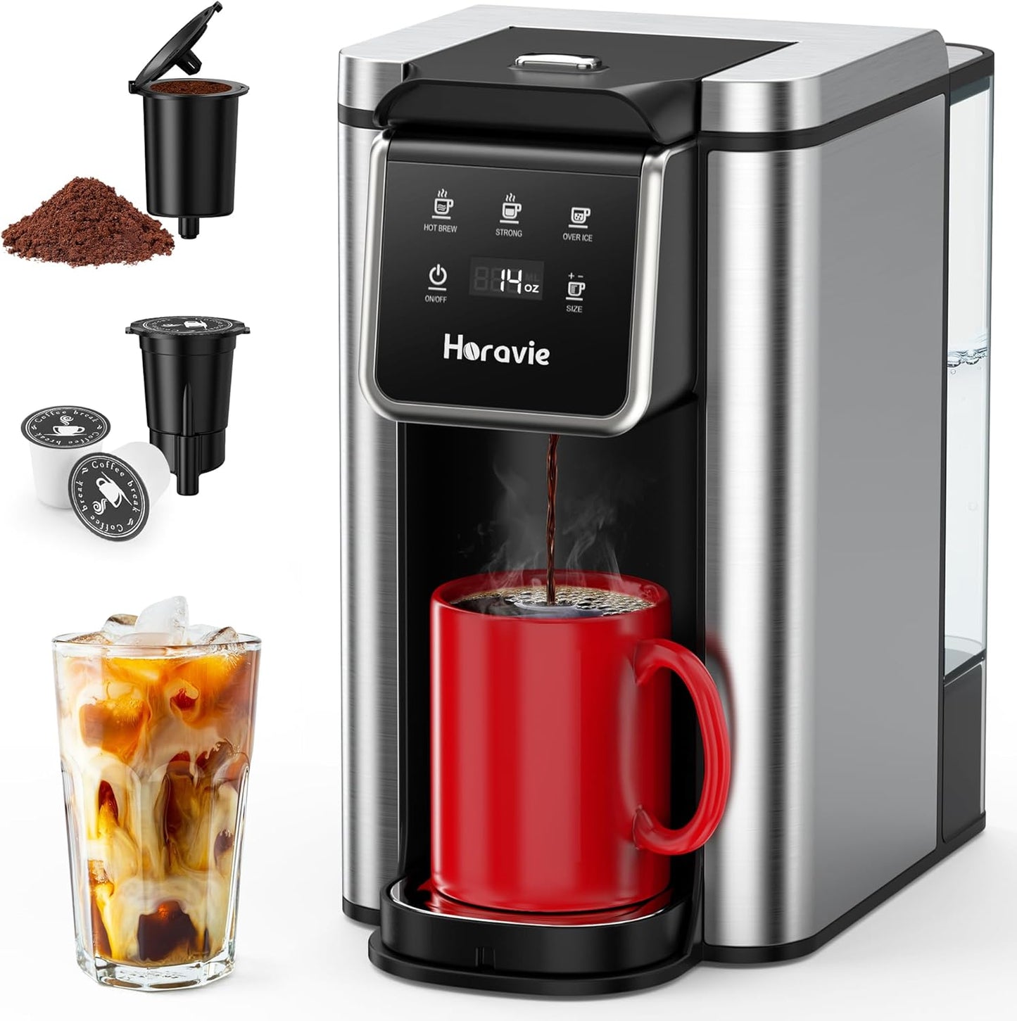 Single Serve Coffee Maker - K-Cup & Grounds, Hot/Iced Brew, 50oz Reservoir, Stainless Steel, Black