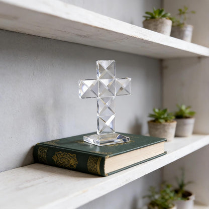 QFkris Crystal Standing Cross - 5'' Tall Clear Glass Tabletop Figurine | Christian Decor Gift