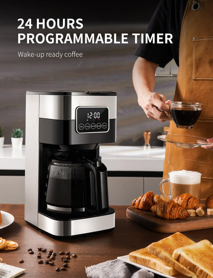 SHARDOR 10-Cup Coffee Maker - Programmable Drip Machine with Auto Shut Off & Permanent Filter - Silver