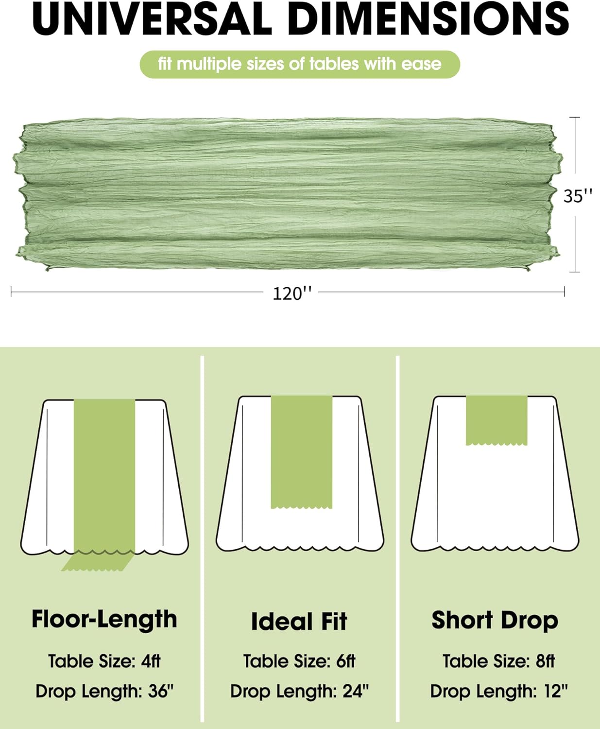 Pureegg Table Cloth Set - 8 Waterproof Disposable Tablecloths (54"x108") & 2 Cheesecloth Runners (35"x120") | Elegant White & Sage for Parties, Picnics & Weddings