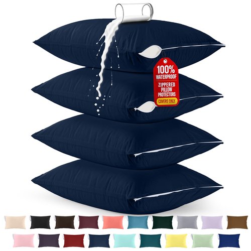 Utopia Bedding Premium 100% Waterproof Pillow Protectors with Zipper Queen Size (Set of 4), Bed Bug and Dust Mite Proof Zippered Pillow Covers, Pillow Encasement Cases, Navy