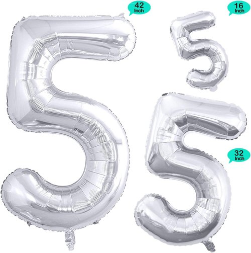 GOER Silver Foil Number 5 Balloons - Huge 42 Inch, 32 Inch, 16 Inch for 5th & 55th Birthday Party Decor