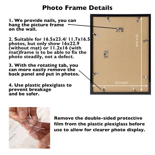 JCJMY 16.5x23.4 A2 Picture Frame Black with 11.7x16.5 A3 Mat, Display Photo 11.7x16.5 with Mat or 16.5 x 23.4 Without Mat, Wall Hanging Large Frame with Plexiglass, Black