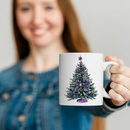 Purple Christmas Tree Mug - 11oz Ceramic Coffee Cup with White Variation