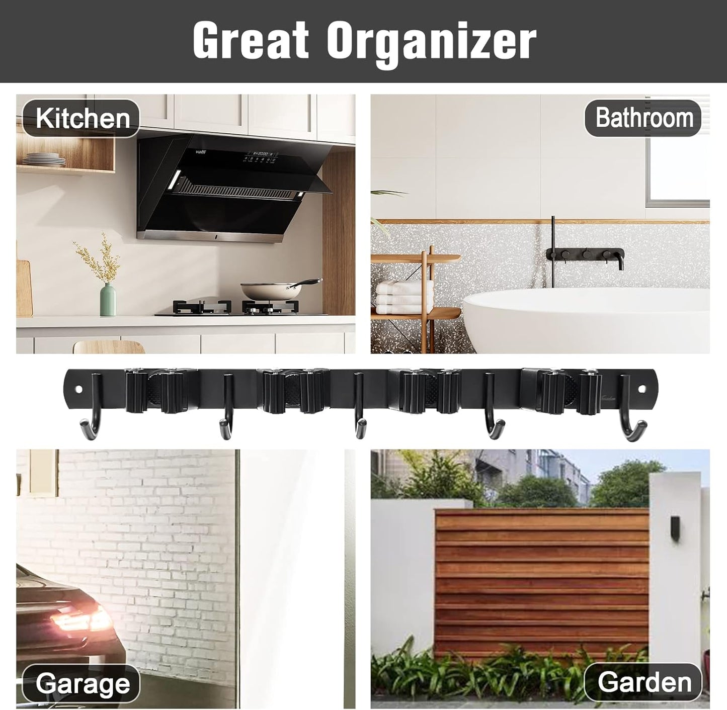 Skiennix Mop and Broom Holder - Wall Mount Organizer with 4 Racks & 5 Hooks | Heavy-Duty Stainless Steel for Home & Garage