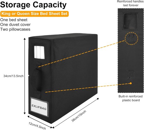 EXLIFBAG Sheet Organizers - Foldable Linen Closet Storage with Window | XL for Queen & King Size, Black