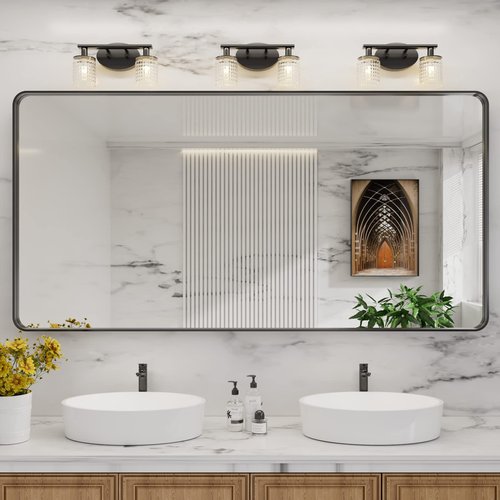 LOAAO Black Metal Framed Bathroom Mirror for Wall, Large 72X32 Inch Rounded Rectangle Mirror, Matte Black Bathroom Vanity Mirror Farmhouse, Anti-Rust, Tempered Glass, Hangs Horizontally or Vertically