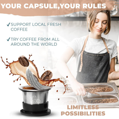 SEAL POD Refillable Coffee Capsules – Stainless Steel Reusable Capsules Compatible with Nespresso Line Coffee Machines- Eco-Friendly Refillable Pods – Pack of 1 Coffee Pod, 100 Lids