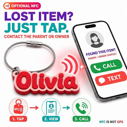 Personalized Kids Name Tag Keychain with NFC — Custom 3D Backpack ID Tag