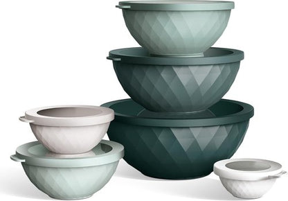 COOK WITH COLOR Mixing Bowls Set - 12-Piece Microwave Safe Plastic Nesting Bowls with Lids, Green Diamond