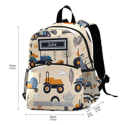 Custom Boys Backpack with Personalized Name - Cute Tractors Beige Schoolbag (Variation: Cute Tractors Beige)