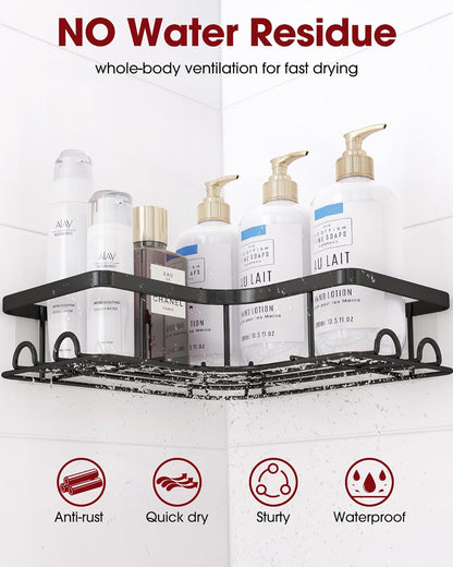 Sakugi Corner Shower Caddy - Rustproof Stainless Steel Organizers with 8 Hooks | No-Drill, Space-Saving Design, Black - 2 Pack