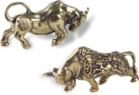 Bronze Rich Floral Design Zodiac Ox Statue - Creative Brass Cow Figurine, 2pcs Decorative Set
