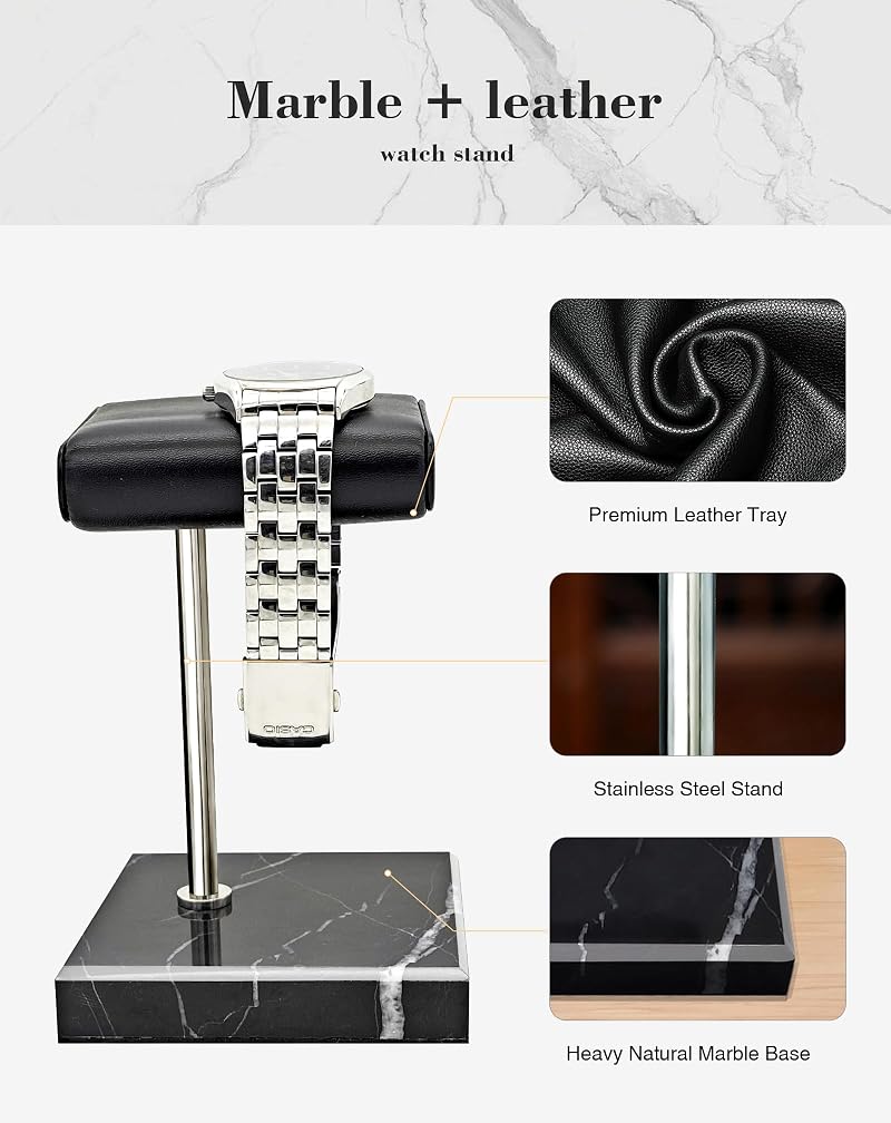 Marble Base Watch Display Stand with PU Leather Tray | Handcrafted Holder for Men’s Watches & Jewelry