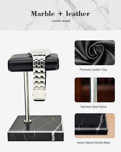 Marble Base Watch Display Stand with PU Leather Tray | Handcrafted Holder for Men’s Watches & Jewelry