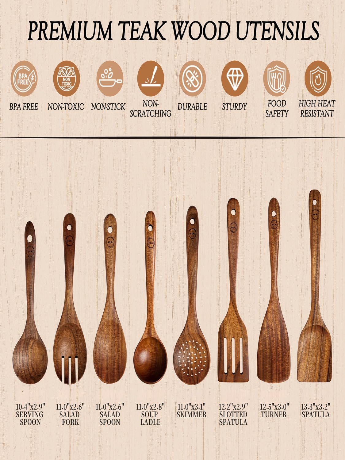 Skiennix 8-Piece Natural Teak Wood Utensil Set - Eco-Friendly Nonstick Cooking Spoons & Spatulas