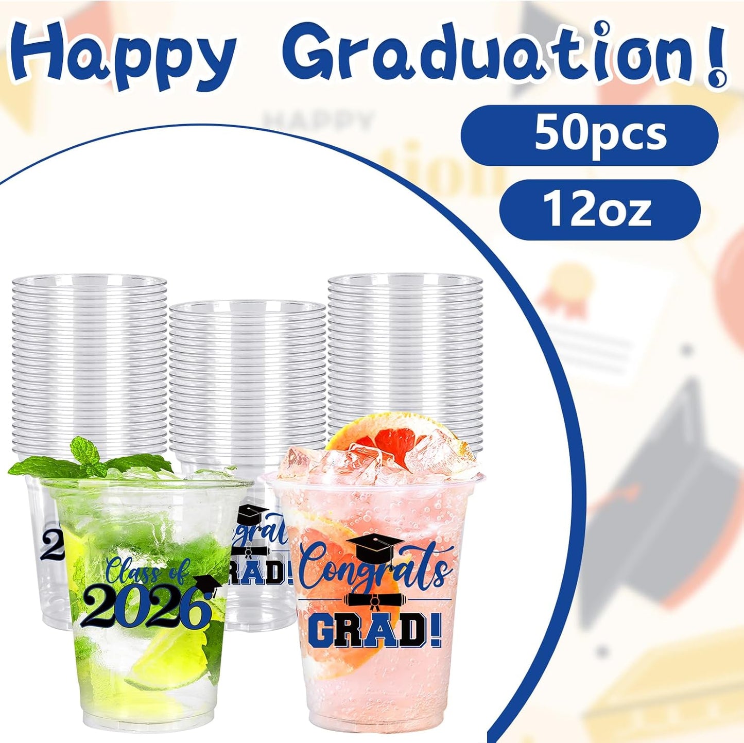 Whaline 50Pcs Graduation Plastic Cups - 12 Oz Congrats Grad Tableware in Black & Blue