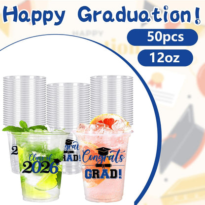 Whaline 50Pcs Graduation Plastic Cups - 12 Oz Congrats Grad Tableware in Black & Blue