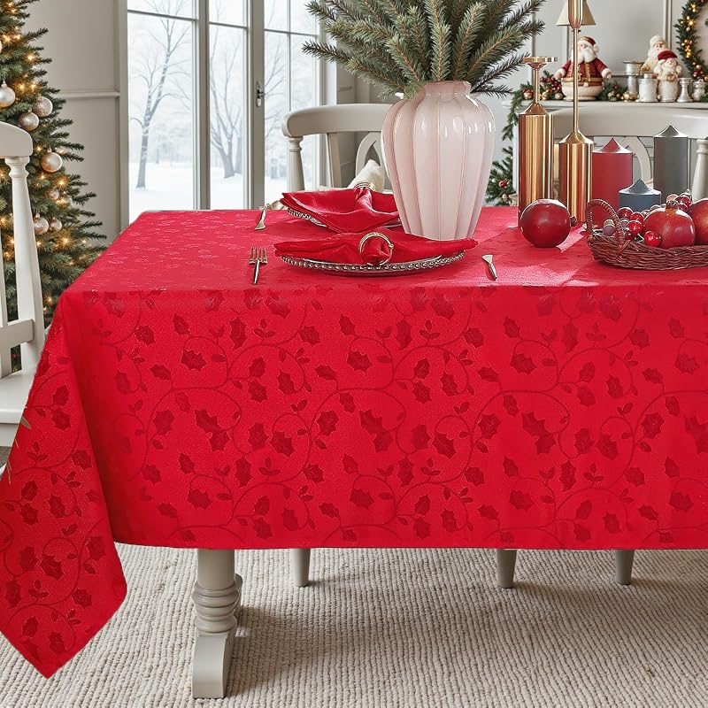 Christmas Tablecloth 60" x 102" Rectangle - Red Jacquard Holly Leaves Spill-Proof