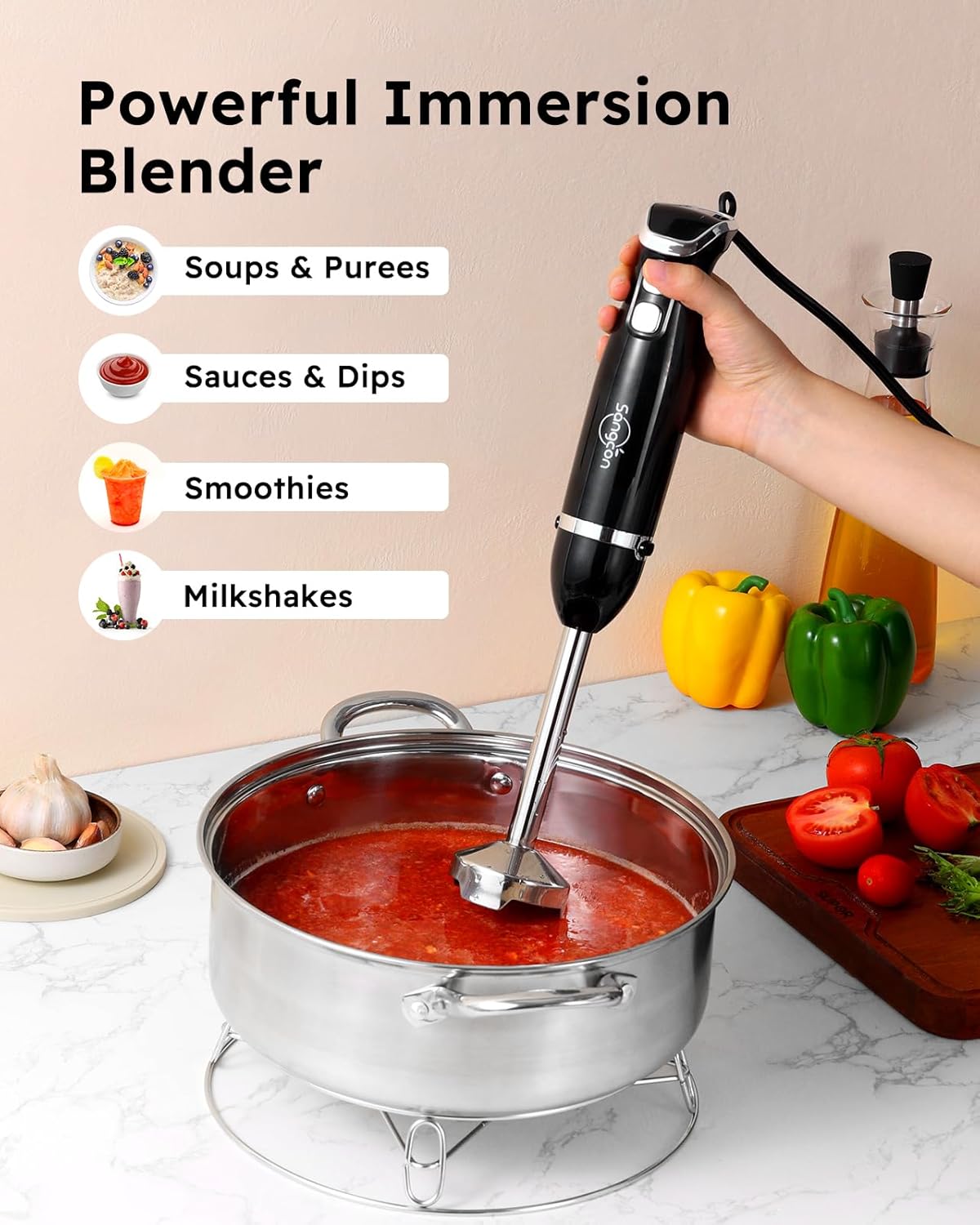 Sangcon Handheld Immersion Blender - 3-in-1 Electric Mixer with Stainless Steel Blade & Attachments | Black