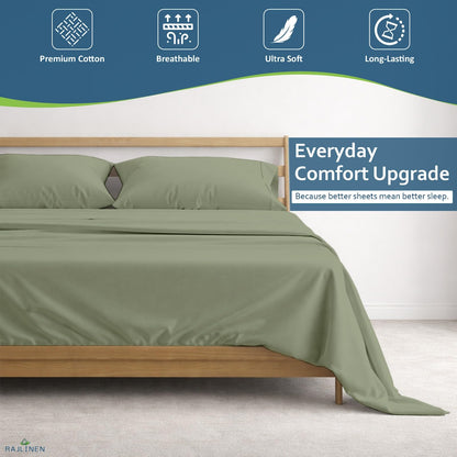 Rajlinen 100% Cotton Queen Sheets Set, Cooling & Breathable Bed Sheets, 16 Inch Deep Pocket Fitted Sheet with All-Around Elastic, Soft & Durable Bedding Set, Sage Solid