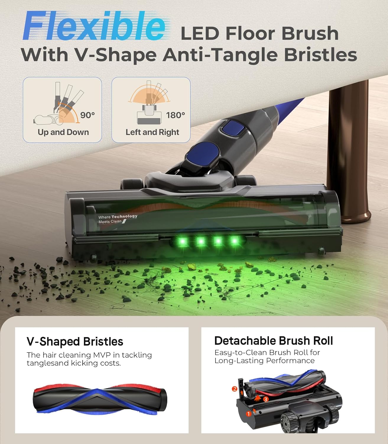 Skiennix Cordless Vacuum Cleaner - 550W, 50KPa Suction, 45 Mins Runtime | Anti-Tangle Brush & LED Display for Home & Car