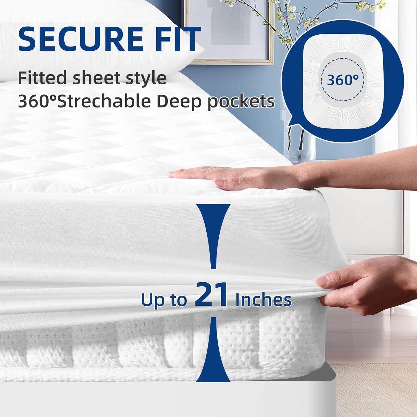 MEELUS Padded Mattress Protector - Breathable Waterproof Cover | Deep Pocket 8"-21" | Soft & Noiseless, White