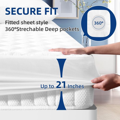 MEELUS Padded King Mattress Protector, Breathable Waterproof Mattress Pad Cover Fitted Deep Pocket 8"-21", Soft Noiseless Mattress Cover Washable Cooling for Home Hotel Bedroom, White