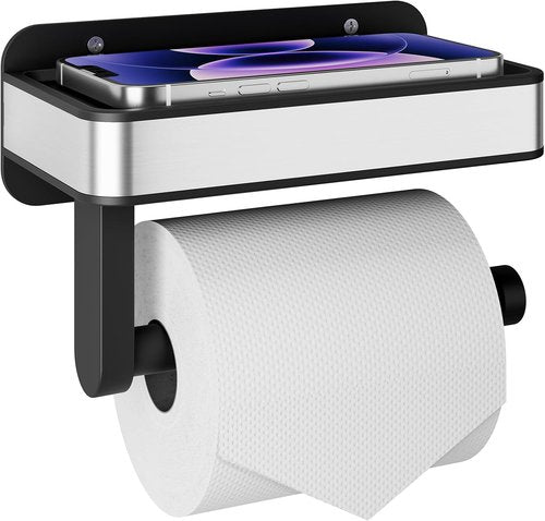 Kitsure Toilet Paper Holder - Matte Black Adhesive & Screw Wall Mount with Shelf | Space-Saving Design, 7.1" W