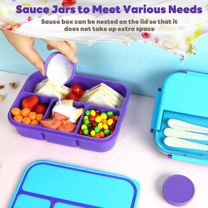 danliar Bento Lunch Box for Kids, 5.5 Cups Bento Box Adult with 2 Sauce Jars, Leakproof 4-Compartment Lunch Containers, Utensil Set, Ideal for School & On-the-Go, BPA-Free (Purple)