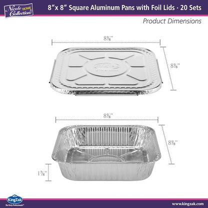 Aluminum 8x8 Pans With Lids - 20 Pack Disposable Foil Cake Pans - Perfect For Baking, Cooking & Freezing