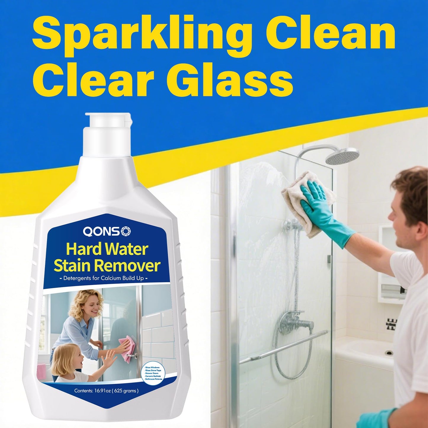QONS Hard Water Stain Remover, Shower Glass Door Cleaner Cream For Hard Water Stain,Bathroom Glass,Windows,Tile,Grout,Toilet Bowl,Calcium Build Up,Hard Water Cleaner 16.91 Oz (670 Grams)