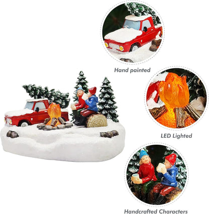 Moments In Time Christmas Village Scene - LED Campfire Display | Battery Operated (4.3" H x 6.6" W x 4.3" D)