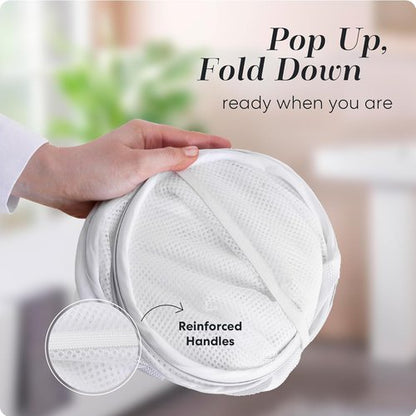 Handy Laundry Collapsible Mesh Pop-Up Hamper - Space-Saving 2-Pack with Wide Opening & Side Pocket | Durable & Breathable (White)