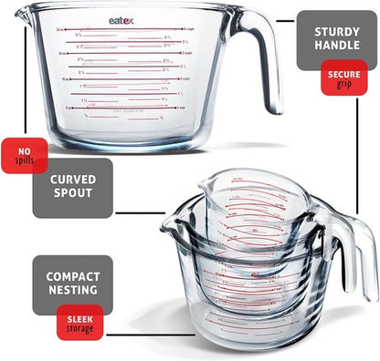 Eatex Glass Measuring Cups Set of 3 - Durable Liquid Measuring Cups | Dishwasher & Microwave Safe