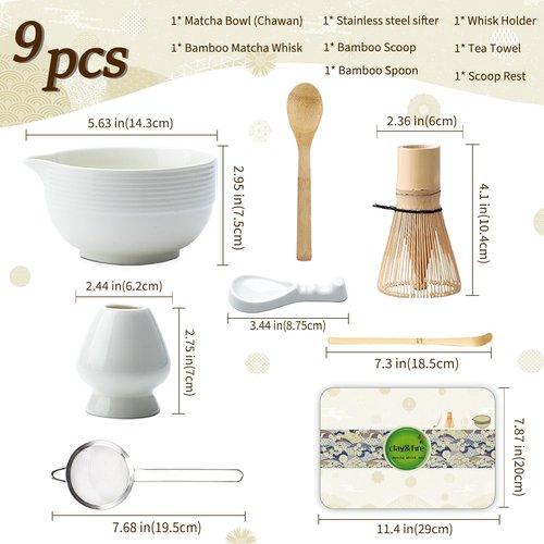 Clay&Fire Matcha Whisk Set, Ceramic Matcha Set, Matcha Bowl with Spout and Whisk,9 pcs Matcha Tea Kit for Matcha Lovers, Ideal Gift Christmas, Birthday（Beige）