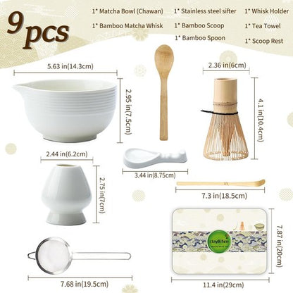Clay&Fire Matcha Whisk Set, Ceramic Matcha Set, Matcha Bowl with Spout and Whisk,9 pcs Matcha Tea Kit for Matcha Lovers, Ideal Gift Christmas, Birthday（Beige）