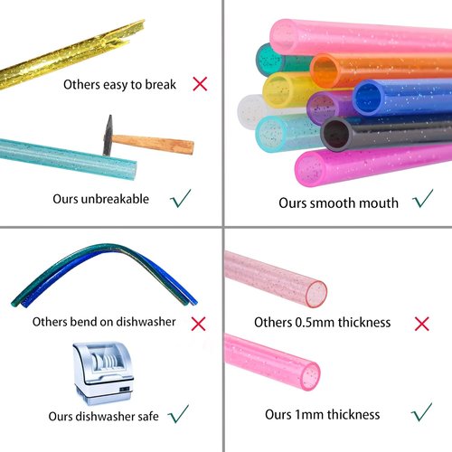 Dakoufish Glitter Straws - 10 Pack Reusable 12-Inch Straws for Stanley & Owala Tumblers | Dishwasher Safe