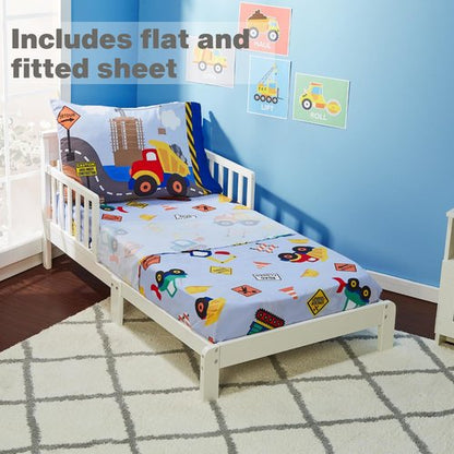 EVERYDAY KIDS 4 Piece Toddler Bedding Set - Under Construction - Includes Comforter, Flat Sheet, Fitted Sheet and Reversible Pillowcase