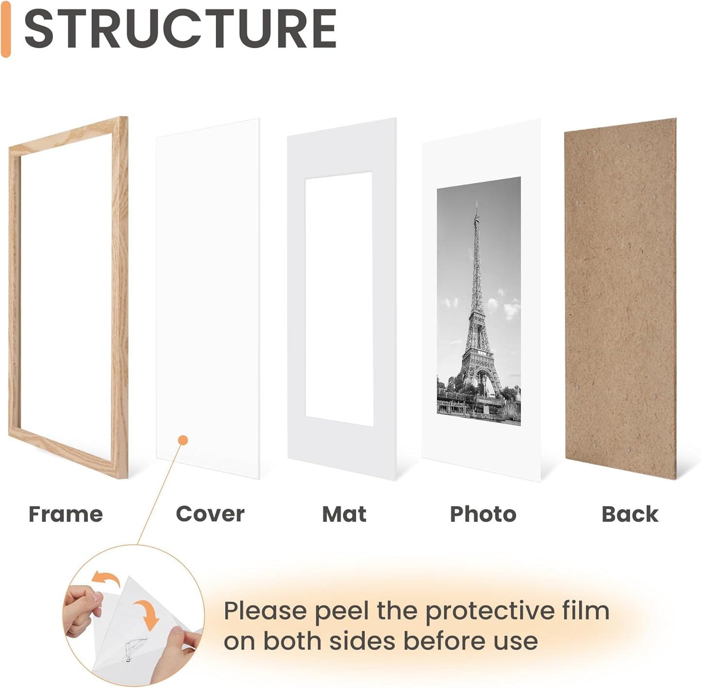 Upsimples 12x16 Picture Frame Set of 5 - Display 8.5x11 Photos with Mat or 12x16 Without | Natural Wood Finish