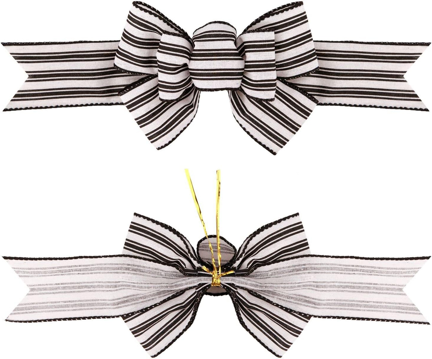 Meseey Wired Ribbon Bows - Handmade Black and White Striped Burlap for Wreaths & Gift Wrapping | 2 Pcs